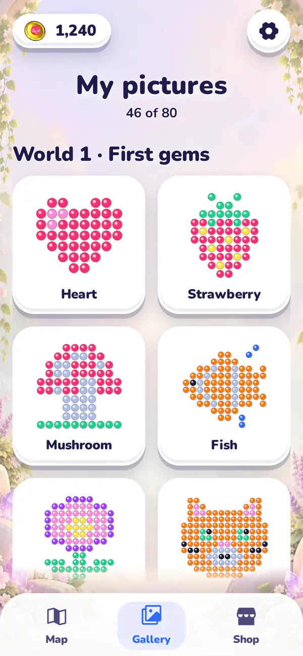The gallery: 46 of 80 pictures collected, among them a heart, a strawberry, a mushroom and a fish