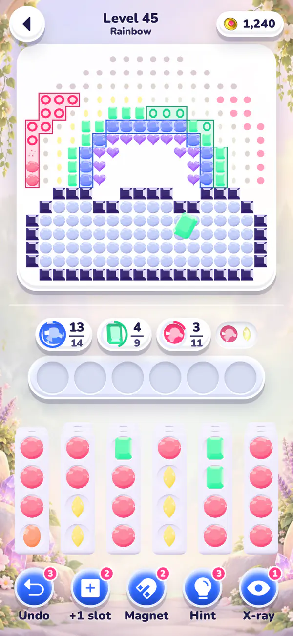 A level in progress: a pixel-art rainbow half filled with gems, the shelf and six trays of gems below it